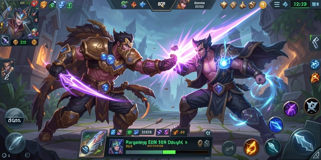 Tangkapan layar gameplay 8QR dalam pertempuran MOBA yang intens.