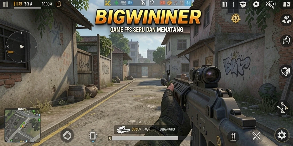 Tangkapan layar utama BIGWINNER menampilkan aksi pertempuran FPS seru.