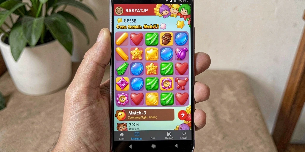 Tampilan gameplay seru di RAKYATJP dengan efek match-3 yang memukau.