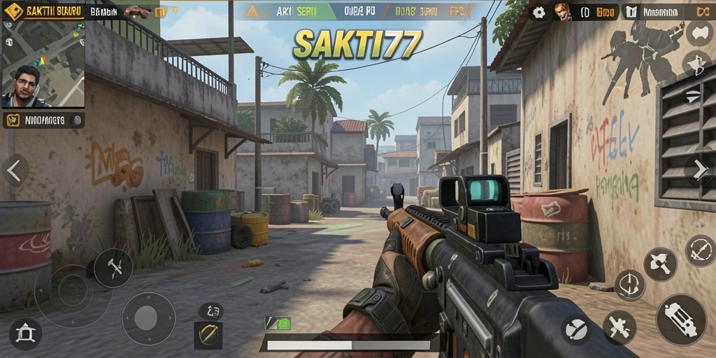 Tangkapan layar menampilkan aksi seru dalam permainan FPS SAKTI77.