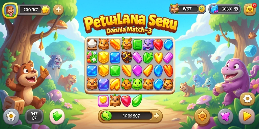 Tangkapan layar gameplay W67 menunjukkan keseruan menyusun permata dalam tantangan Match-3.